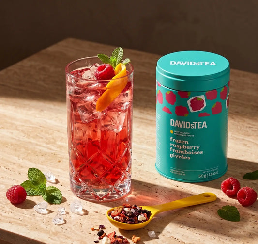 Frozen Raspberry Iced Tea Lemonade Recipe | Summer Refreshment with raspberry iced tea, mint, and DAVIDsTEA canister