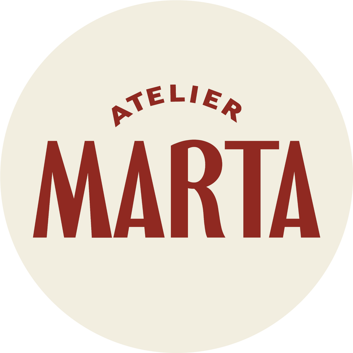 Atelier Marta logo in bold red lettering on a cream circular background
