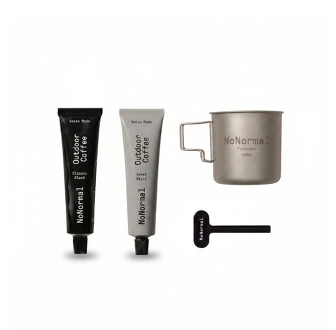 NoNormal Outdoor Coffee Kit with Classic Black and Sweet Black coffee paste tubes, 380 ml titanium cup and tube squeeze key
