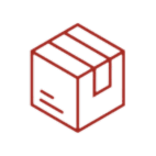Red outlined 3D cardboard box icon on black background