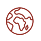 Red outline globe icon with Africa and Europe on a black background