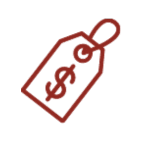 Red price tag icon with dollar symbol, simple outline label graphic