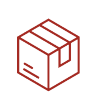 Red line icon of a cardboard shipping box, isolated on black background