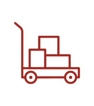Red hand truck icon with stacked boxes, representing moving, delivery, and cargo transport