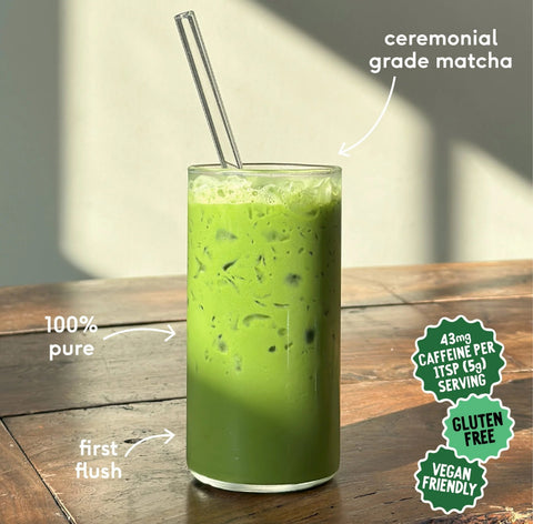 Single Serve Matcha Sticks with ceremonial grade matcha iced drink, 100% pure, first flush, vegan friendly, gluten free