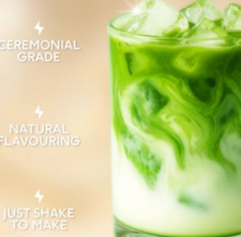 Ceremonial-grade vanilla matcha latte with natural flavouring, shown as a vibrant green iced matcha drink.