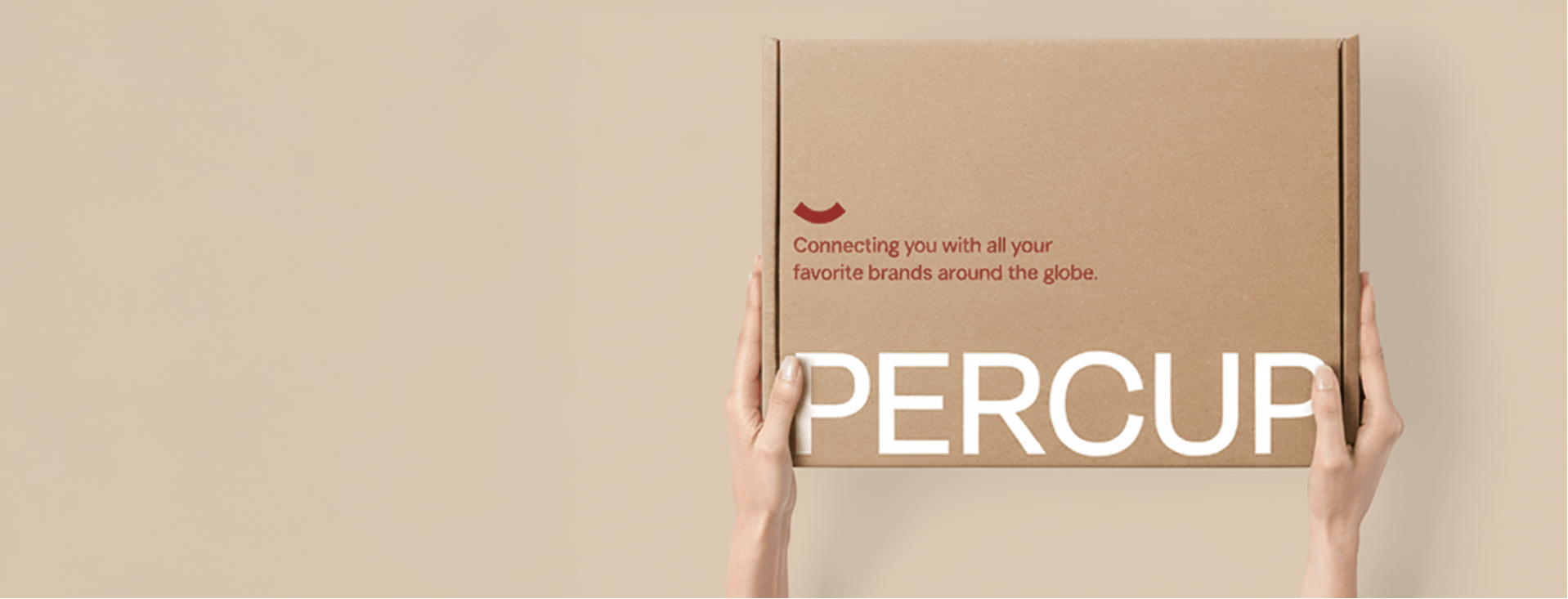 Person holding a box from Percup, connecting customers to favorite global brands.