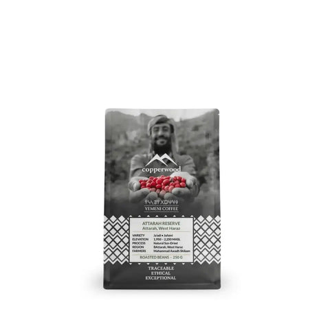 Copperwood Attarah Reserve Yemeni coffee beans bag featuring West Haraz origin and traceable exceptional Arabica