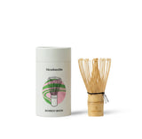 Blendsmiths Bamboo Whisk made from natural bamboo with branded storage tube for preparing matcha tea and powdered drinks.