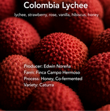 Campo Hermoso Colombia Lychee Mossto coffee beans with tasting notes of lychee, strawberry, rose, vanilla, hibiscus, and honey. — view 2