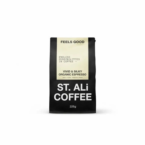 Feels Good Organic Espresso Blend bag from ST. ALi Coffee, featuring vivid and silky organic espresso.