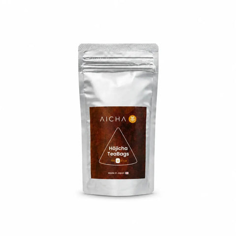 Hōjicha Tea Bags silver pouch with roasted Japanese green tea leaves, premium 6-pack food-grade packaging