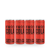 Four red Frío Cola canned beverages lined up side by side on a white background. The cans feature black text reading 'FRÍO COLA' and '58% LESS ALCOHOL SUGAR'.