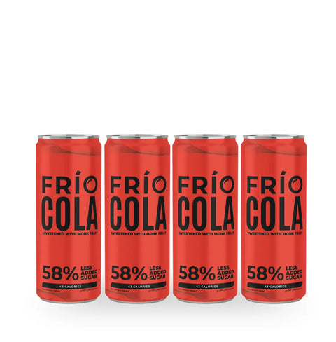 Four red Frío Cola canned beverages lined up side by side on a white background. The cans feature black text reading 'FRÍO COLA' and '58% LESS ALCOHOL SUGAR'.