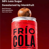 Four red Frío Cola canned beverages lined up side by side on a white background. The cans feature black text reading 'FRÍO COLA' and '58% LESS ALCOHOL SUGAR'.