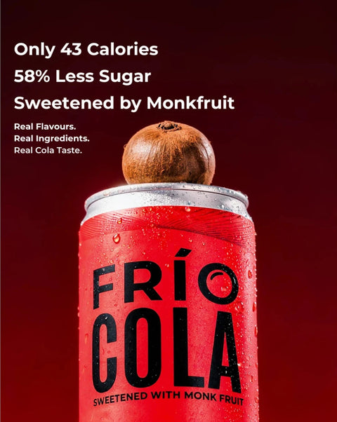 Four red Frío Cola canned beverages lined up side by side on a white background. The cans feature black text reading 'FRÍO COLA' and '58% LESS ALCOHOL SUGAR'.