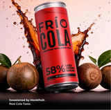 Four red Frío Cola canned beverages lined up side by side on a white background. The cans feature black text reading 'FRÍO COLA' and '58% LESS ALCOHOL SUGAR'.