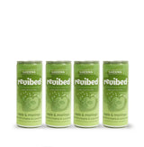 Four green cans of revibed Greens drink on a white background