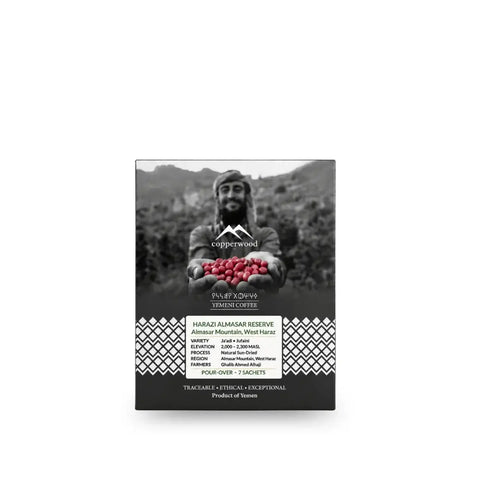 Harazi Almasar Reserve Yemeni drip bag coffee sachet package with premium West Haraz beans and copperwood branding