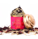OH CHA Hibiscus Raspberry Loose Leaf Herbal Tea in Gold Tin with Hibiscus Flowers and Raspberry Blend- image 2