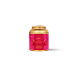 OH CHA Hibiscus Raspberry Loose Leaf Herbal Tea in Gold Tin with Hibiscus Flowers and Raspberry Blend