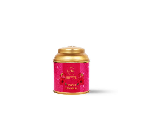 OH CHA Hibiscus Raspberry Loose Leaf Herbal Tea in Gold Tin with Hibiscus Flowers and Raspberry Blend