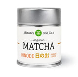 Mizuba Tea Co. Organic Matcha Hinode Radiant Serene premium Japanese matcha green tea powder in a silver tin