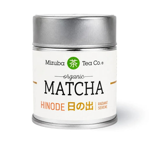 Mizuba Tea Co. Organic Matcha Hinode Radiant Serene premium Japanese matcha green tea powder in a silver tin