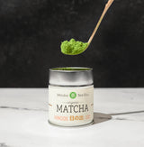 Mizuba Tea Co. Organic Matcha Hinode Radiant Serene premium Japanese matcha green tea powder in a silver tin