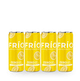 Four yellow Frío Zero sparkling mineral water cans arranged in a row on a white background.