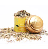 OH CHA Lemongrass Ginger loose leaf herbal tea in premium gold tin with natural lemongrass leaves.