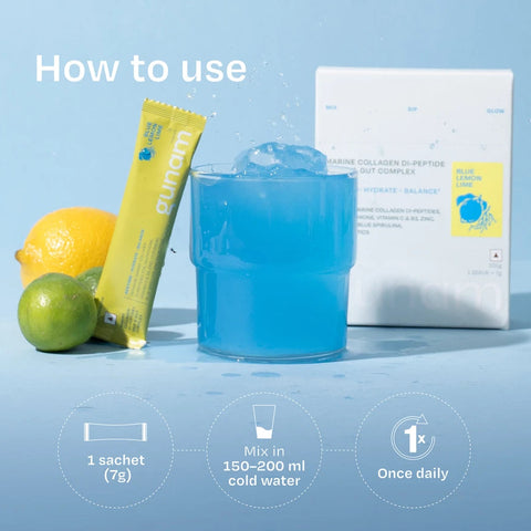 Gunam Marine Collagen Di-Peptide Skin & Gut Complex Blue Lemon-Lime 15 sachets with Japanese Wellnex marine collagen.- Image 2