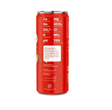 Four red FRíO Zero sparkling mineral water cans with strawberry graphics, arranged in a row on a white background.