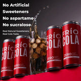 Four red Frío Cola Zero cans arranged around a glass of cola with ice on a dark studio background, with marketing text on the left reading 'No Artificial Sweeteners No aspartame No sucralose Real Natural Sweeteners Real Cola Taste.'.