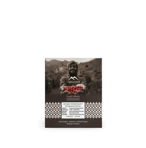pomegranate infused Yemeni coffee capsules Copperwood product box featuring Yemeni coffee heritage and pomegranate-infused flavor