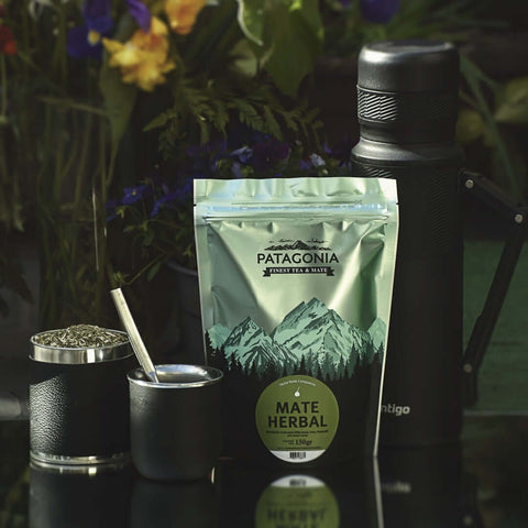 Patagonia Mate Herbal Premium Yerba Mate package with mate gourd, bombilla, and thermos