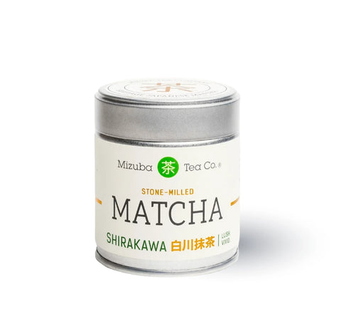 Mizuba Tea Co. Stone-Milled Shirakawa Ceremonial Matcha 30g premium Japanese Uji green tea powder in metal tin.