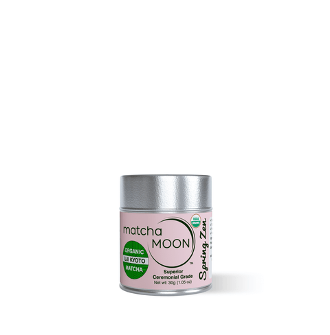 Spring Zen Matcha in a stylish container, showcasing organic ceremonial-grade matcha from Uji, Kyoto.