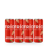 Four red FRíO Zero sparkling mineral water cans with strawberry graphics, arranged in a row on a white background.