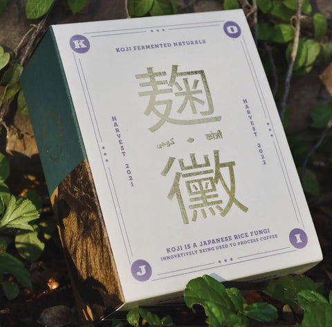 Koji Fermented Naturals Specialty Coffee premium coffee box with Japanese-inspired packaging featuring innovative Koji fermentation process for specialty Arabica coffee beans.