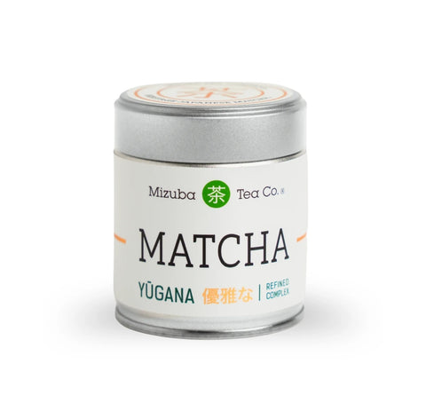 Mizuba Tea Co. YŪGANA Ceremonial Matcha premium Japanese stone-milled green tea powder in silver tin with white label