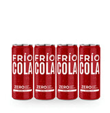 Four red aluminum cans of Frío Cola Zero non-alcoholic cola arranged in a row on a white background.
