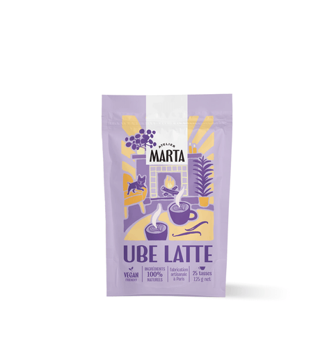 Ube Latte vegan latte powder featuring organic ingredients in colorful packaging from Atelier Marta.