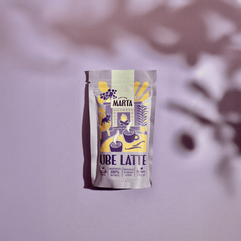 Ube Latte packaging featuring organic ingredients and vibrant design for a caffeine-free drink.