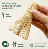 Bamboo Matcha Whisk 100 Prongs made from natural bamboo, showcasing high quality and environmental sustainability.