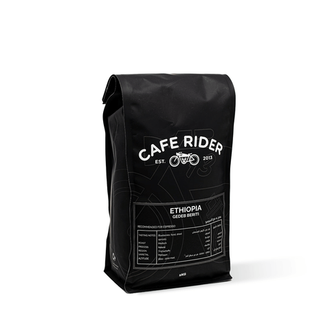 Cafe Rider Roastery's Ethiopia Gedeb Beriti medium roast espresso, sourced from Yirgacheffe with notes of blueberries, floral undertones, and dried apricot.