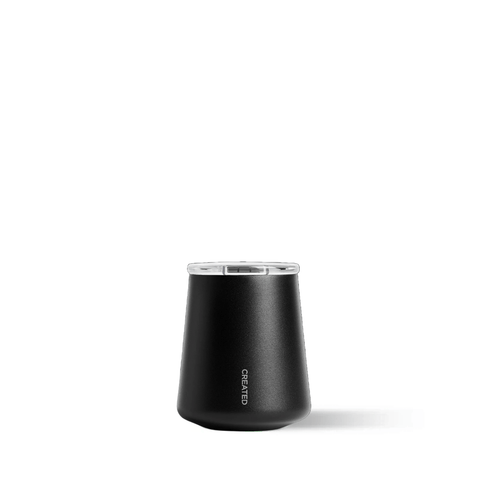 Ceramic Coated Wine Cup in sleek black stainless steel with clear lid for portable elegance.