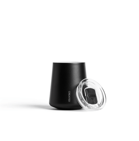 Ceramic Coated Wine Cup in sleek black with a clear lid, perfect for wine, cocktails, or mocktails.