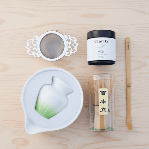 Matcha Starter Kit featuring a matcha bowl, bamboo whisk, sieve, and premium matcha for the perfect tea experience.