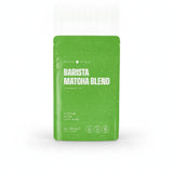 Matcha Ninja Barista Matcha Blend in a pouch, showing a creamy matcha latte.